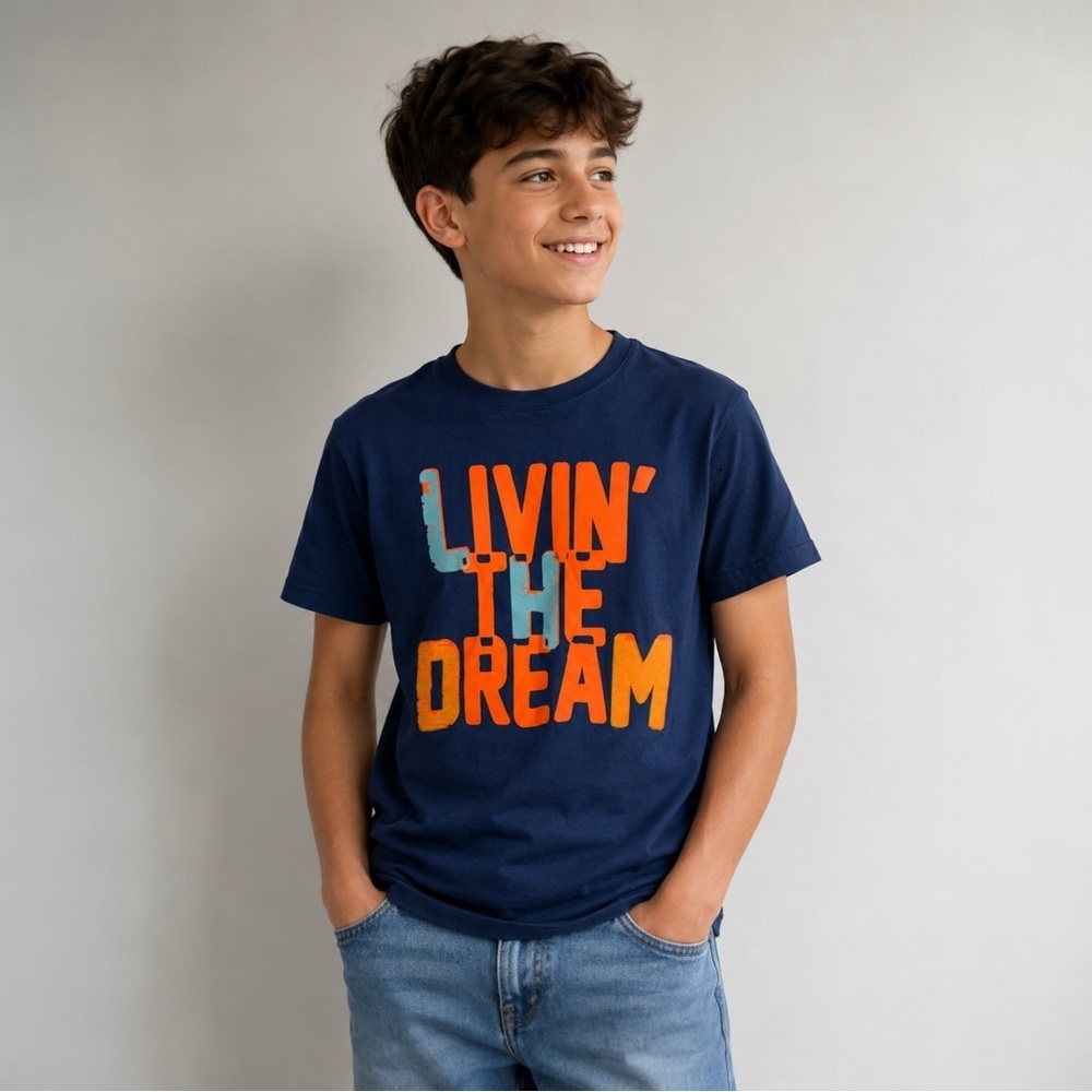 Crazy 8 Blue Tee with Orange and Light Blue Print